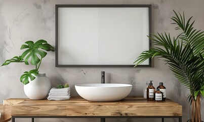 Fototapeta premium Minimalist bathroom with a blank frame above the vanity