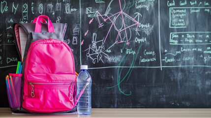 Pink and grey backpack with school supplies on a desk against a blackboard with mathematical formulas.