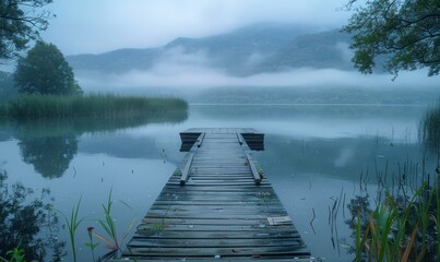 Fototapeta premium A serene lakeside view with a wooden dock
