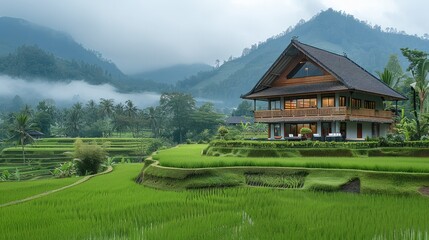 Fototapeta premium Wooden house by rice fields and terraces. Generative AI.