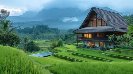 Fototapeta premium Wooden house by rice fields and terraces. Generative AI.
