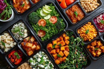 Healthy Meal Prep Containers with Various Vegetables, Grains, and Proteins