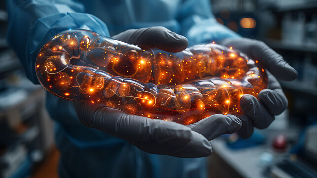 Closeup of doctor hand in gloves holding a glowing wooden jejunum model showing the plicae circulares and villi