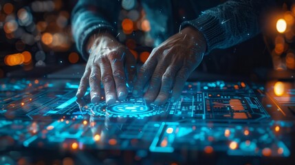 A programmer working on a holographic code interface, Blue hues, Digital illustration, Hightech, Focused atmosphere