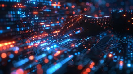 Fototapeta premium A programmer working on a holographic code interface, Blue hues, Digital illustration, Hightech, Focused atmosphere