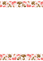 Sepia Mushrooms and Rowan berries. Hand-drawn seamless border. Invitation card and background template. A4 size collection. Watercolor illustration.