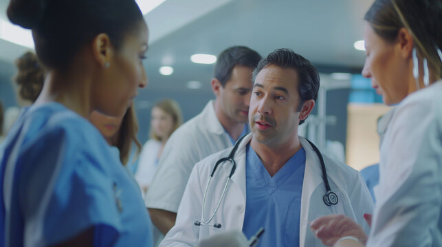 Experience Labor Day with a montage of healthcare professionals in scrubs and lab coats, caring for patients in a busy hospital setting, emphasizing compassion and expertise.