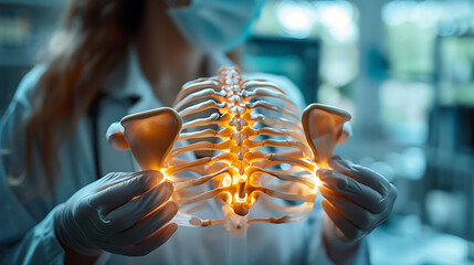 Fototapeta premium Closeup of doctor hand in gloves holding a glowing wooden scapula model highlighting the spine and coracoid process