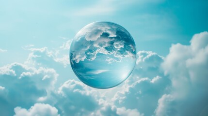 Translucent Soap Bubble Floating Against a Clear Blue Sky with Puffy Clouds – Serene and Dreamy Nature Photography