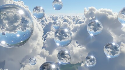 Cluster of Soap Bubbles Reflecting Clear Blue Sky and Puffy Clouds – Mesmerizing Aerial Photography with Sparkling Effect