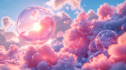Obraz premium Magical Soap Bubbles Floating in a Sea of Pink Clouds at Sunrise – Dreamy and Surreal Nature Photography