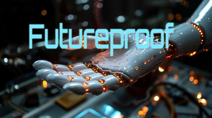 Futureproof word on the hand of a humanoid robot. Text concept of business and technology. Copy space.