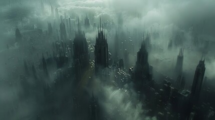 A sea of fog enveloping a futuristic cityscape, Cool tones, Steampunk, Digital painting, Mysterious