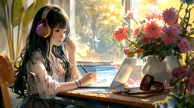 Woman with laptop in a room. Seamless looping time-lapse 4k video animation background