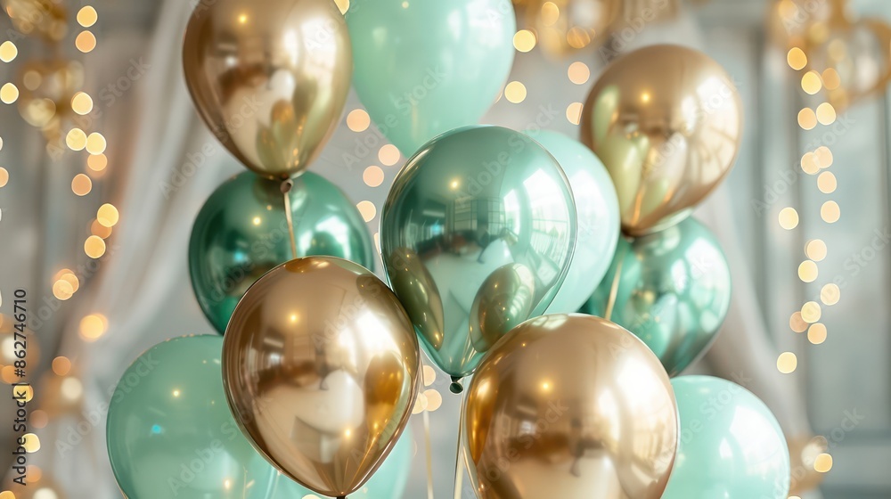 Poster a bunch of balloons with gold and green colors. the balloons are arranged in a way that they look li