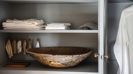 Explore minimalist wardrobe design featuring neatly organized clothes, wooden accents, and serene interior