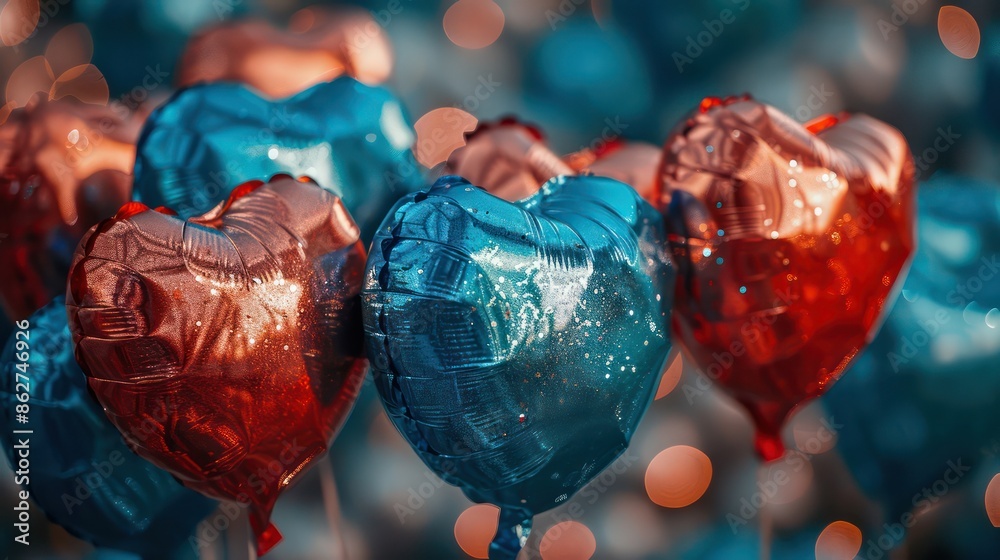 Poster a bunch of heart shaped balloons in blue and red. the balloons are hanging from a string. the balloo