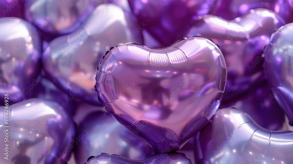 Poster a bunch of purple balloons with hearts on them. the balloons are all different sizes and are scatter