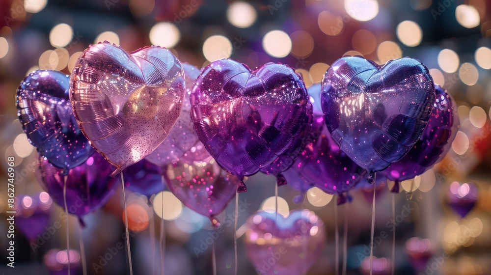 Poster A bunch of purple and pink balloons with hearts on them. The balloons are hanging from a string and are all different sizes. Scene is festive and joyful