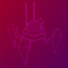 Spider robot with radar antenna. Nanobot, nanotechnology medical concept. Wireframe low poly mesh vector illustration