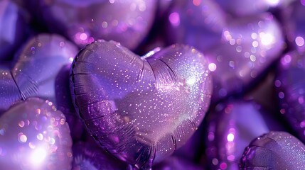 Fototapeta premium A bunch of purple hearts are scattered around, some of them are shiny and glittery. Scene is one of celebration and joy, as the hearts are often associated with love and affection