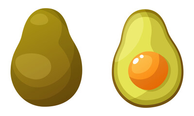 Fruit vegetable fresh avocado whole and half. Avocado cut in half with pit. Organic vegetarian food. Summer tropical fruits for a healthy lifestyle.