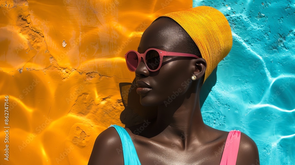 Canvas Prints A young woman of color wearing a yellow headscarf, pink sunglasses, and a blue and pink swimsuit, leaning against a bright yellow wall.