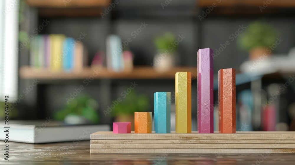 Fototapete A colorful stack of blocks with a green one on top and a red one on the bottom. The blocks are arranged in a way that they look like a graph. Concept of progress and growth