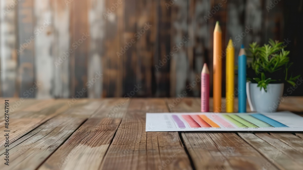 Poster a table with a white paper and a bunch of colored pencils and crayons. the pencils and crayons are a