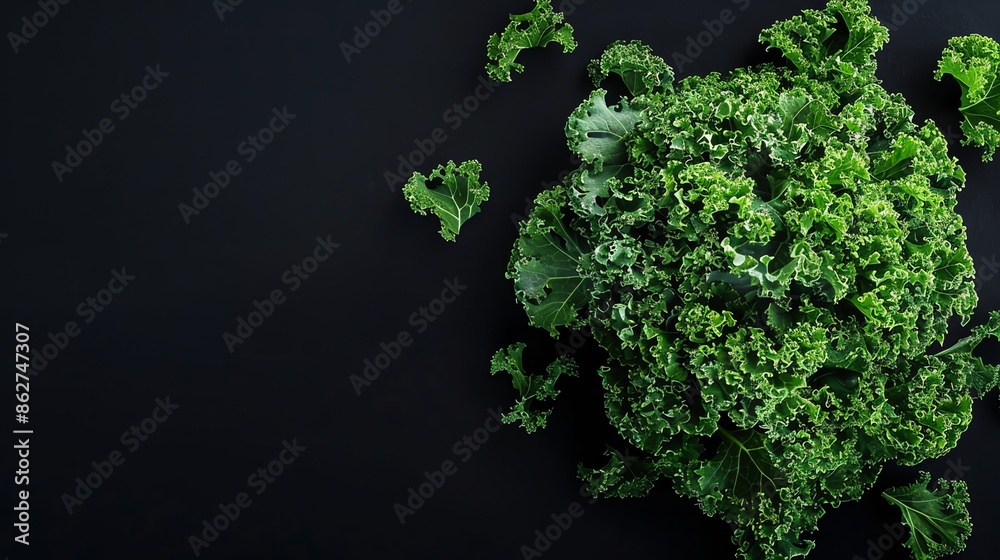 Sticker A flat lay of fresh green kale on a black background.