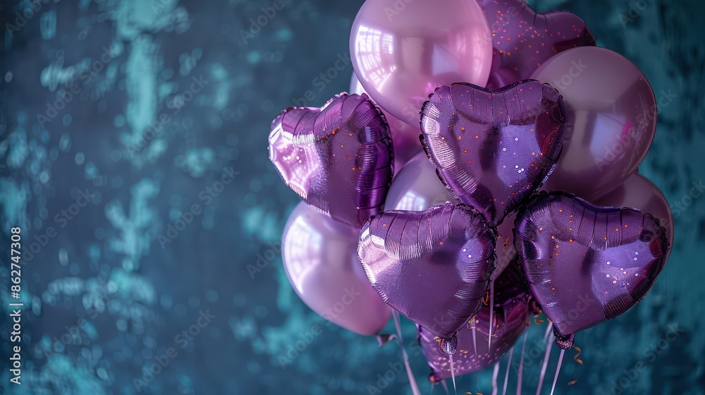 Poster A bunch of purple balloons with hearts on them. The balloons are arranged in a way that they look like they are hugging each other. Scene is one of love and affection