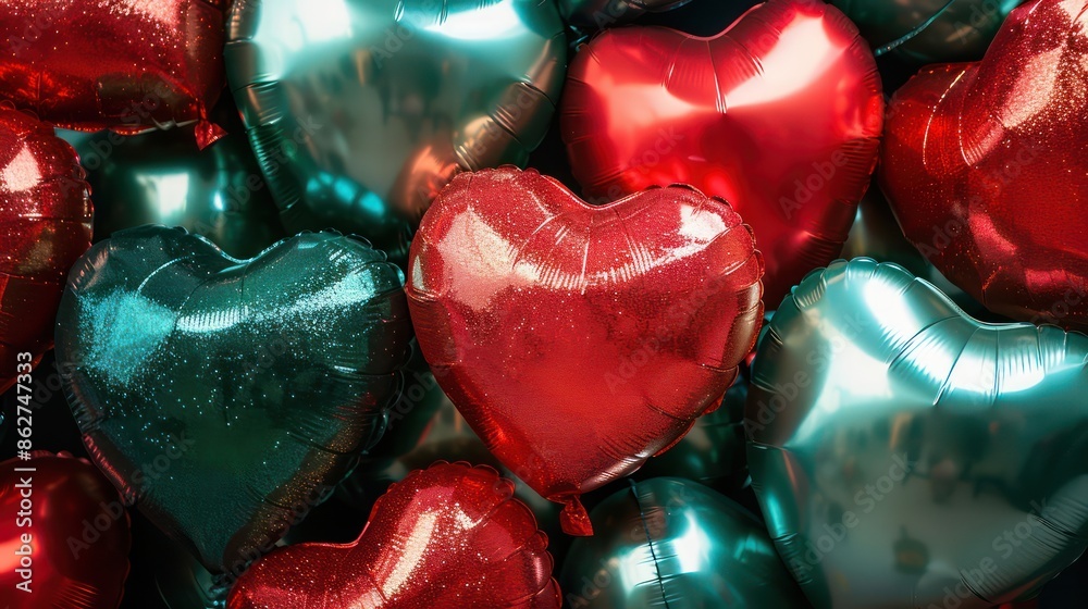 Poster a bunch of hearts made of foil and glitter. the hearts are red and green. the hearts are arranged in