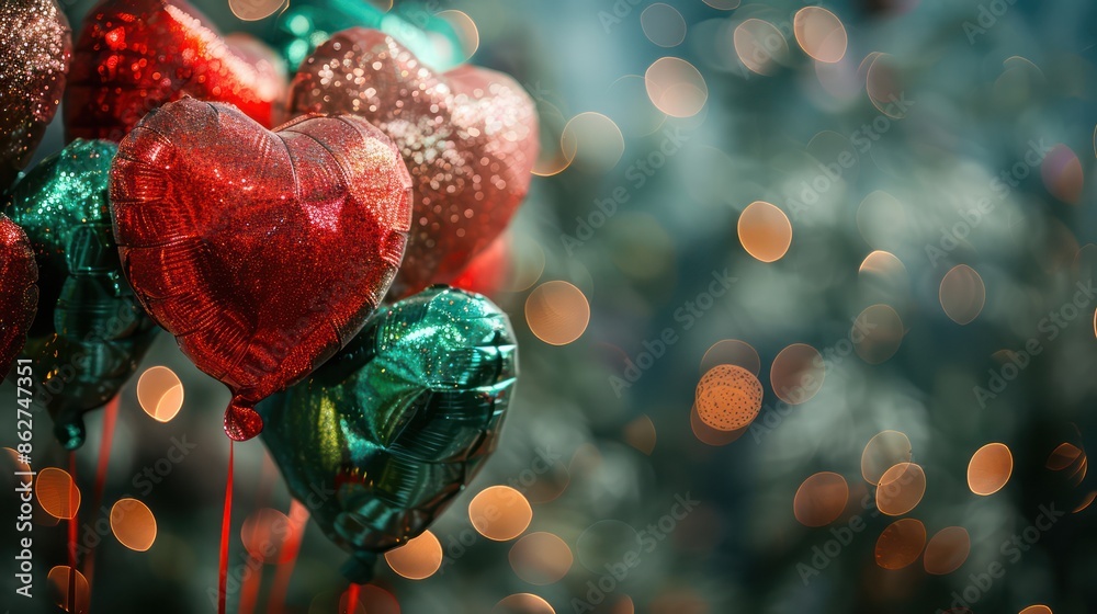 Poster a bunch of red and green balloons with hearts on them. the balloons are hanging from a tree