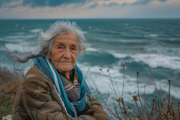 Fototapeta premium An elderly woman gracefully posing with a serene sea in the background, capturing the beauty of nature and the wisdom of age. The tranquil ocean waves and the clear sky create a perfect backdrop for t