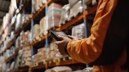 A worker uses a handheld scanner to track the movement of dry goods in a large distribution grocery warehouse, close-up