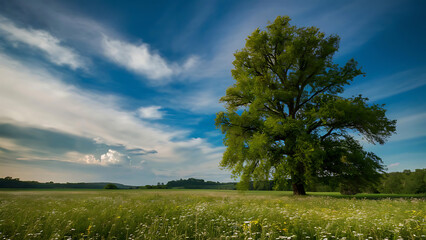 Obraz premium Green Field, Tree, and Blue Sky Background. Generative Ai
