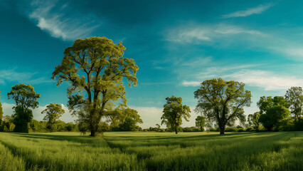 Obraz premium Green Field, Tree, and Blue Sky Background. Generative Ai