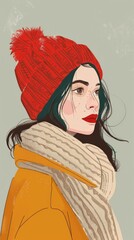 A digital illustration of a woman wearing a red hat and scarf