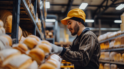 A worker in a well-lit distribution warehouse organizes shipments of bread and bakery products, close-up