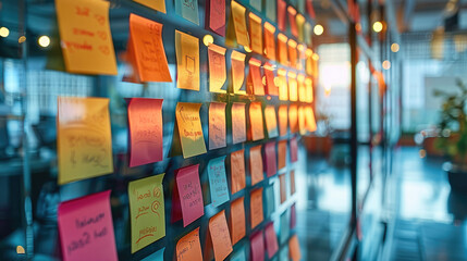 Post it on wall, sticky and brainstorm on glass meeting room background. Generative AI.