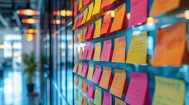 Post it on wall, sticky and brainstorm on glass meeting room background. Generative AI.