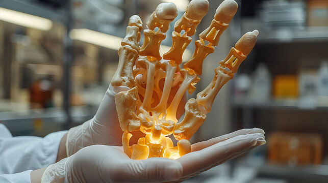 Closeup of doctor hand in gloves holding a glowing wooden carpal bones model with the scaphoid lunate and triquetrum