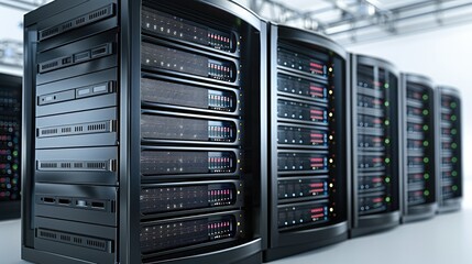 3 big servers placed on white background. Generative AI.