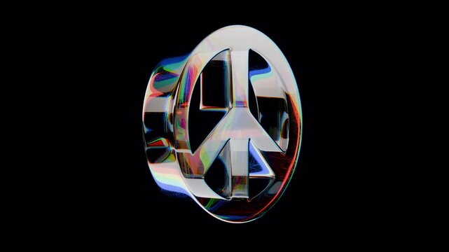 A beautiful 3D animation of a glass peace symbol rotating on its axis, refracting light rays like a prism. The video has a transparent alpha channel, ideal for seamless integration into any project.
