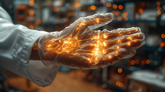 Closeup of doctor hand in gloves holding a glowing wooden ulna model highlighting the olecranon and styloid process