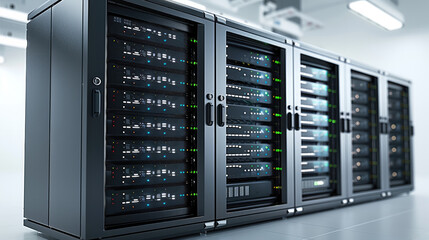 3 big servers placed on white background. Generative AI.