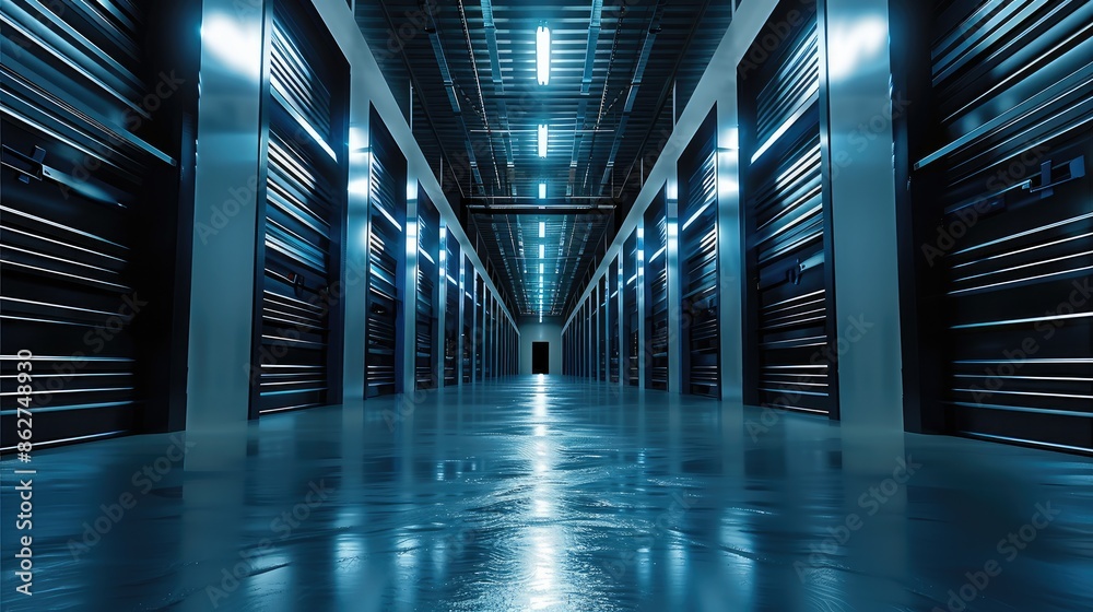 Poster wide angle view of a dark storage room. generative ai.
