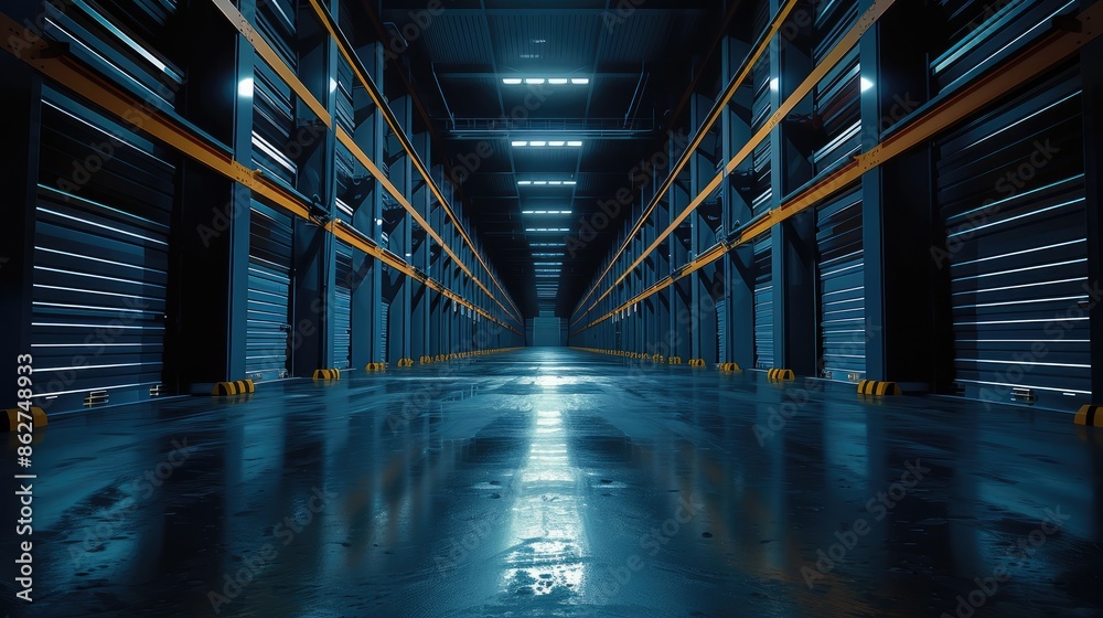 Poster wide angle view of a dark storage room. generative ai.