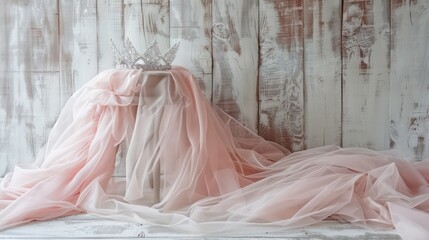 Vintage tulle pink chiffon dress and diamond tiara on wooden white table. Generative AI