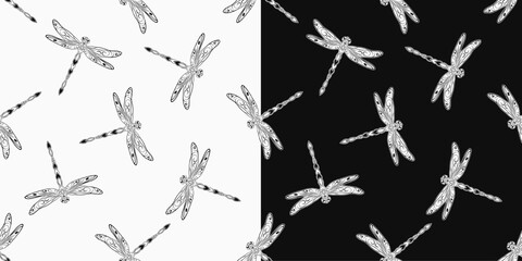 Seamless patterns with fantasy flying dragonflies with spread wings in Art Nouveau style. Black and white monochrome illustrations